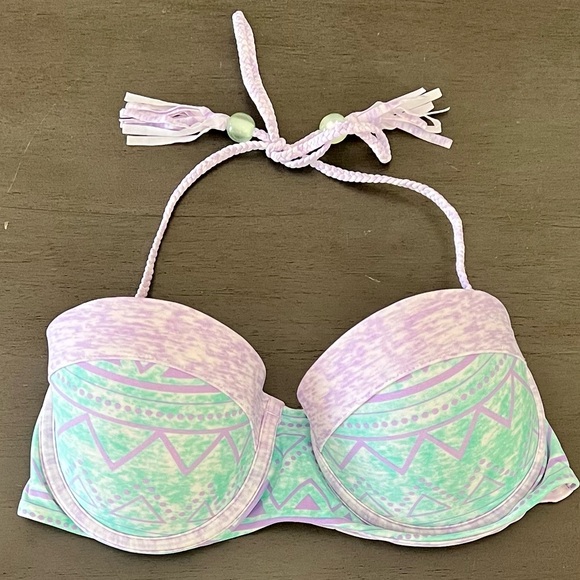 Heat Light Purple Green Geo Padded Push-Up Foam Cup Underwire Seam Bead Bikini M - Picture 2 of 7